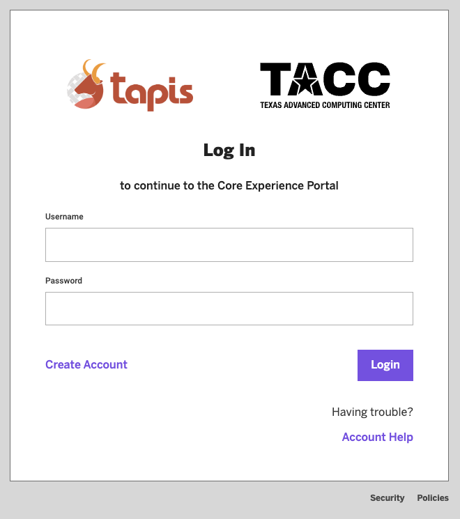 The TACC/TAPIs login form.